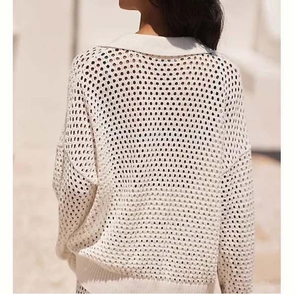 Aerie Women's Boho Coastal Creamy White 100% Cotton Open Knit Polo Sweater MD - Picture 3 of 16